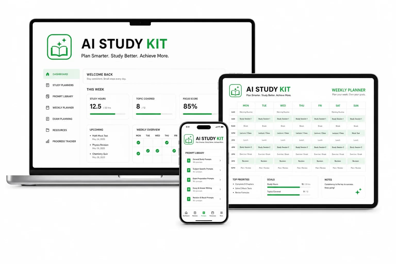 AI Study Kit productmock-up op laptop, tablet en telefoon
